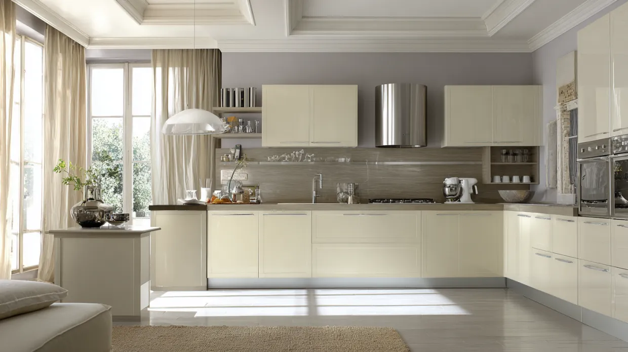 modern kitchen with grey and beige cabinet colour combination and sleek finishes
