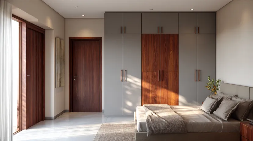 grey and teak tones in two colour combination of wardrobe design