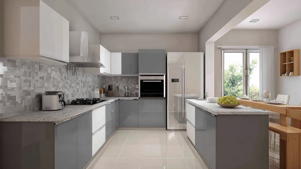 sleek kitchen with grey and white cabinet colour combination and modern appliances