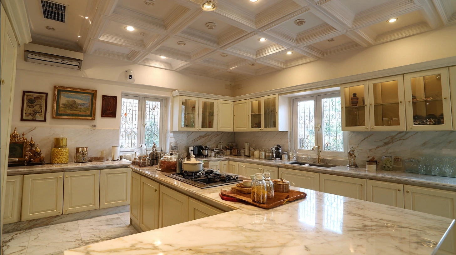 Classic luxury kitchen showcasing a white coffered ceiling design