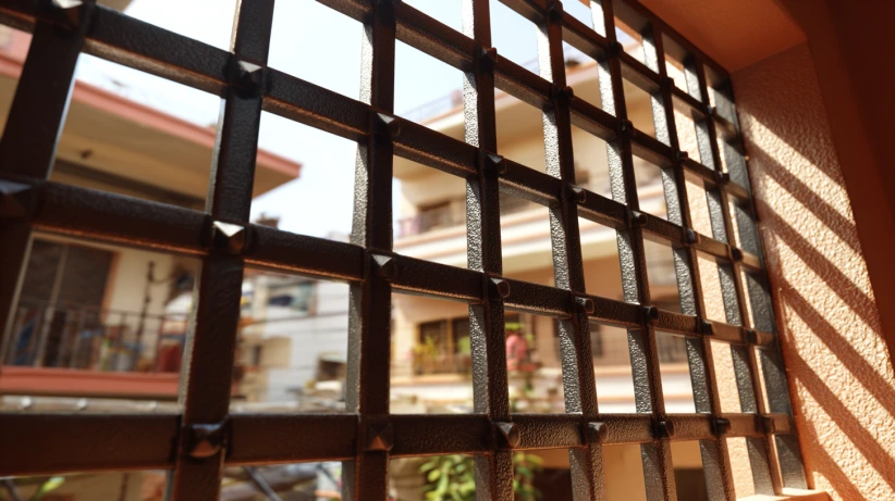 grid lock iron pattern featured in a secure window grill design
