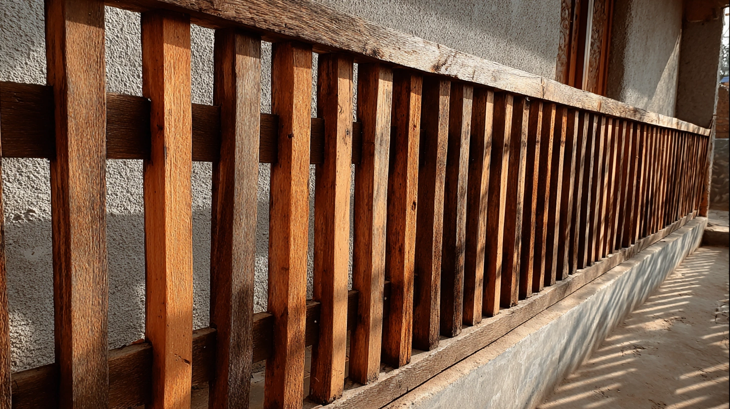 Verandah railing combining vertical wooden slats with a sturdy metal frame
