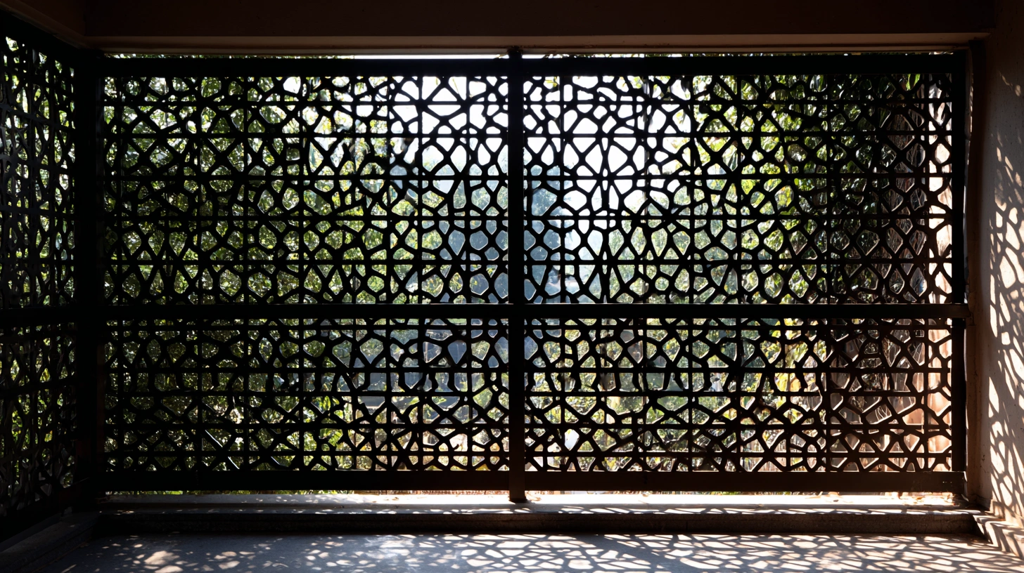 High-reaching metal lattice screen providing shade and privacy on a porch