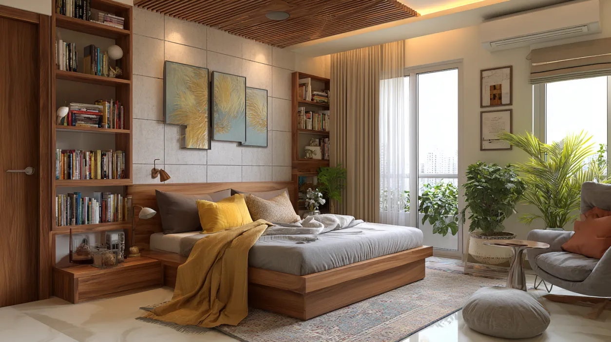 Modern kids bedroom with wood slat ceiling and bookshelves