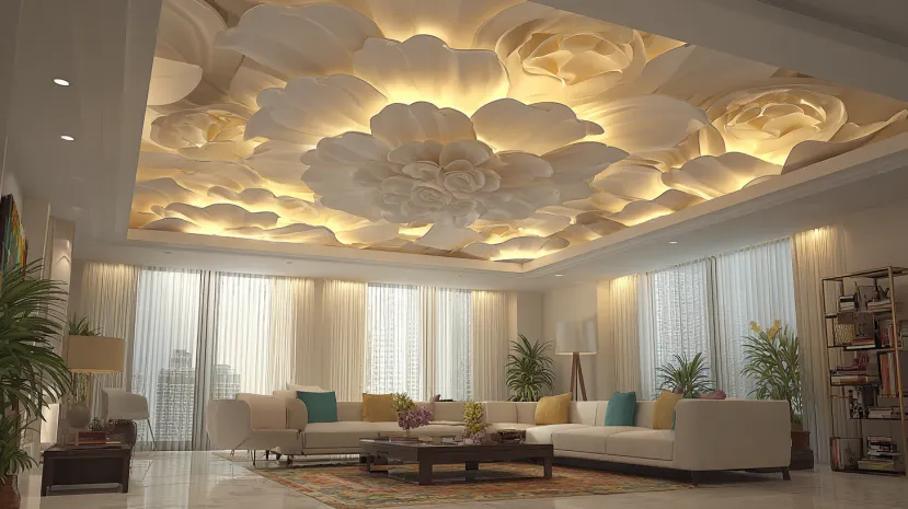 Large white layered gypsum ceiling flower design for hall