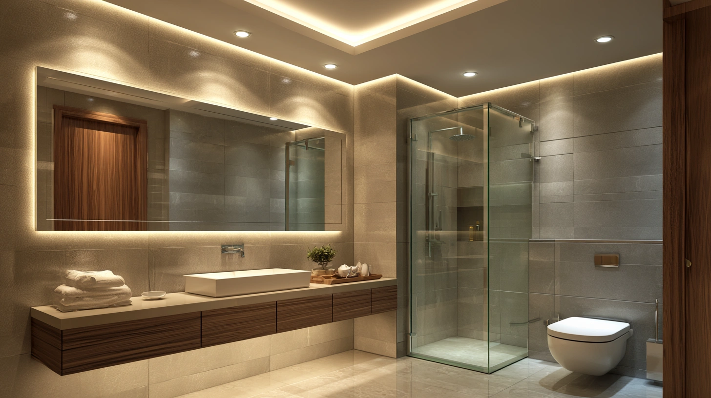 Gypsum bathroom ceiling with recessed spotlights