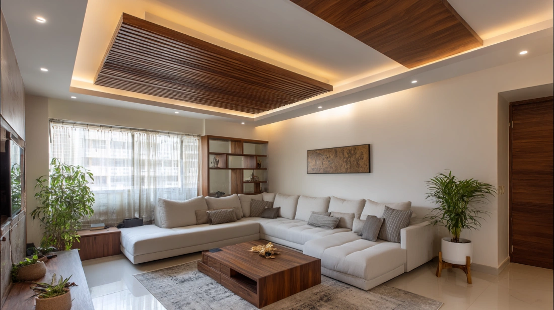 Contemporary living room combining gypsum and wooden ceiling panels