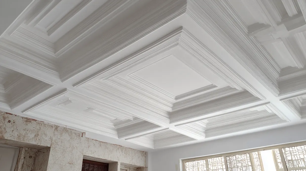 modern gypsum ceiling design with layered patterns and recessed lighting