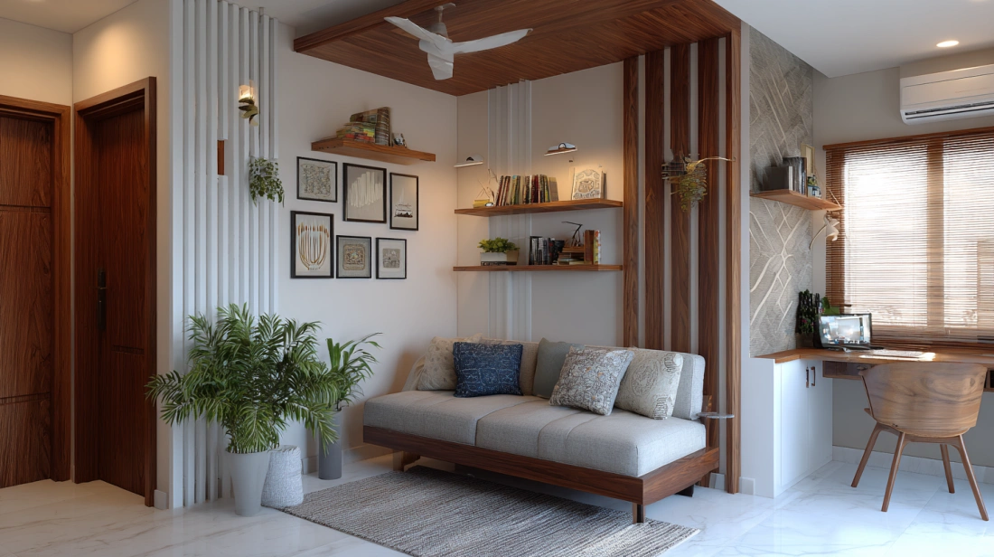 Gypsum partition combining vertical wood batten detailing