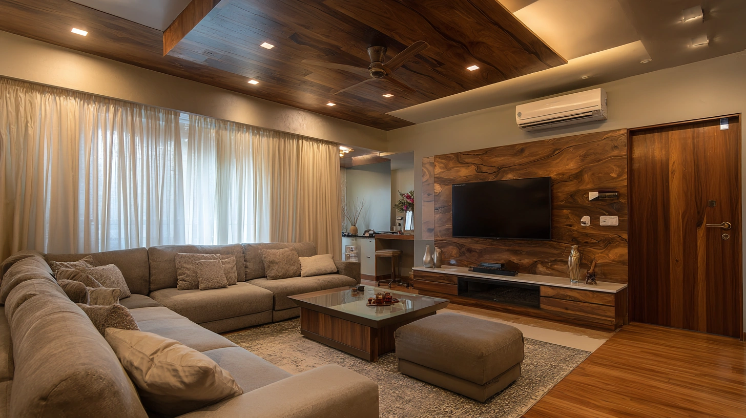 perimeter gypsum ceiling framing rich warm wood panels