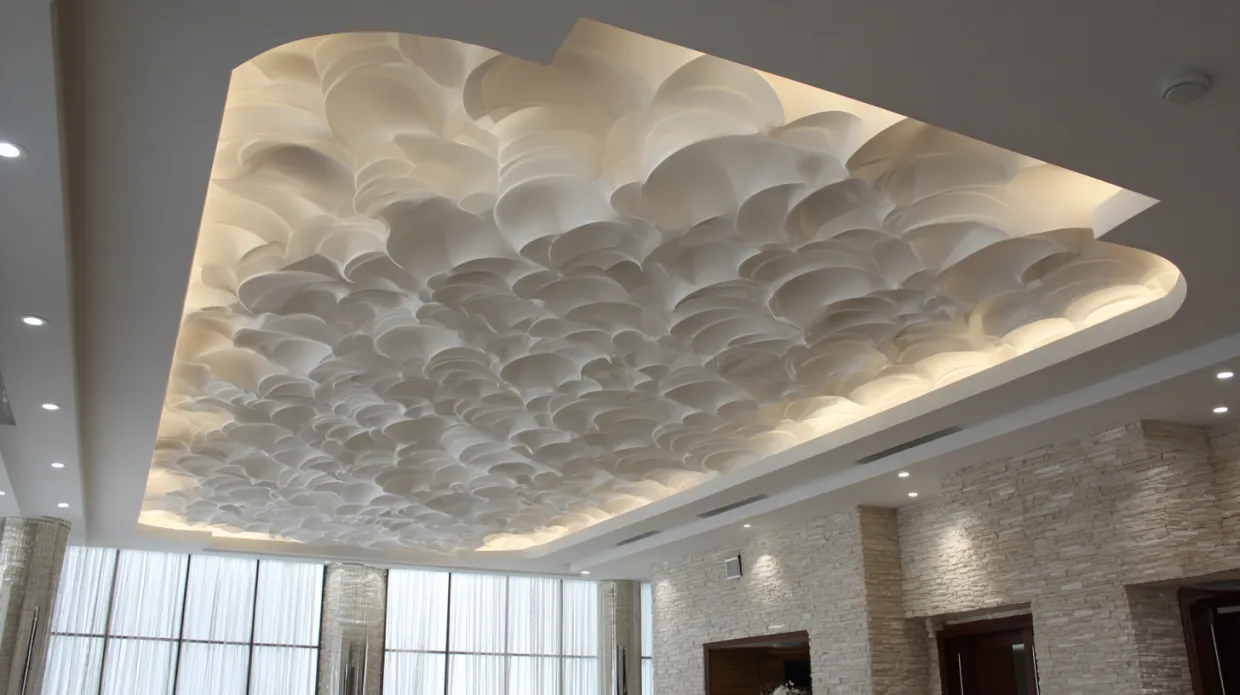 gypsum false ceiling panels with layered design and recessed lighting fixtures