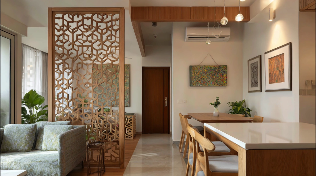 Low wooden geometric screen boundaries kitchen layout