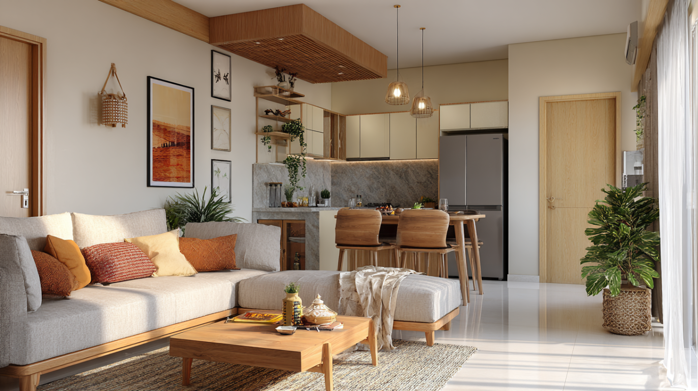 Half-wall partition between kitchen and living room