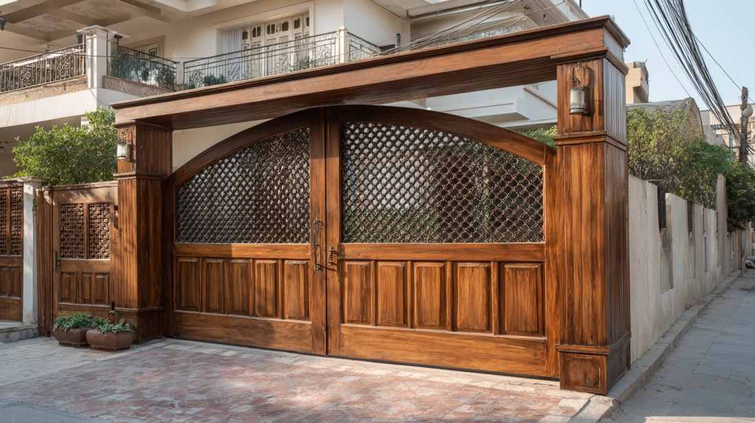 Arch gate with lower wood panels and upper decorative grill