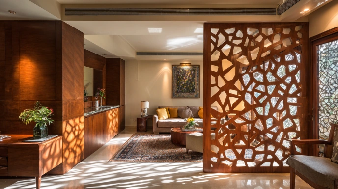 Plywood jaali partition with decorative patterns