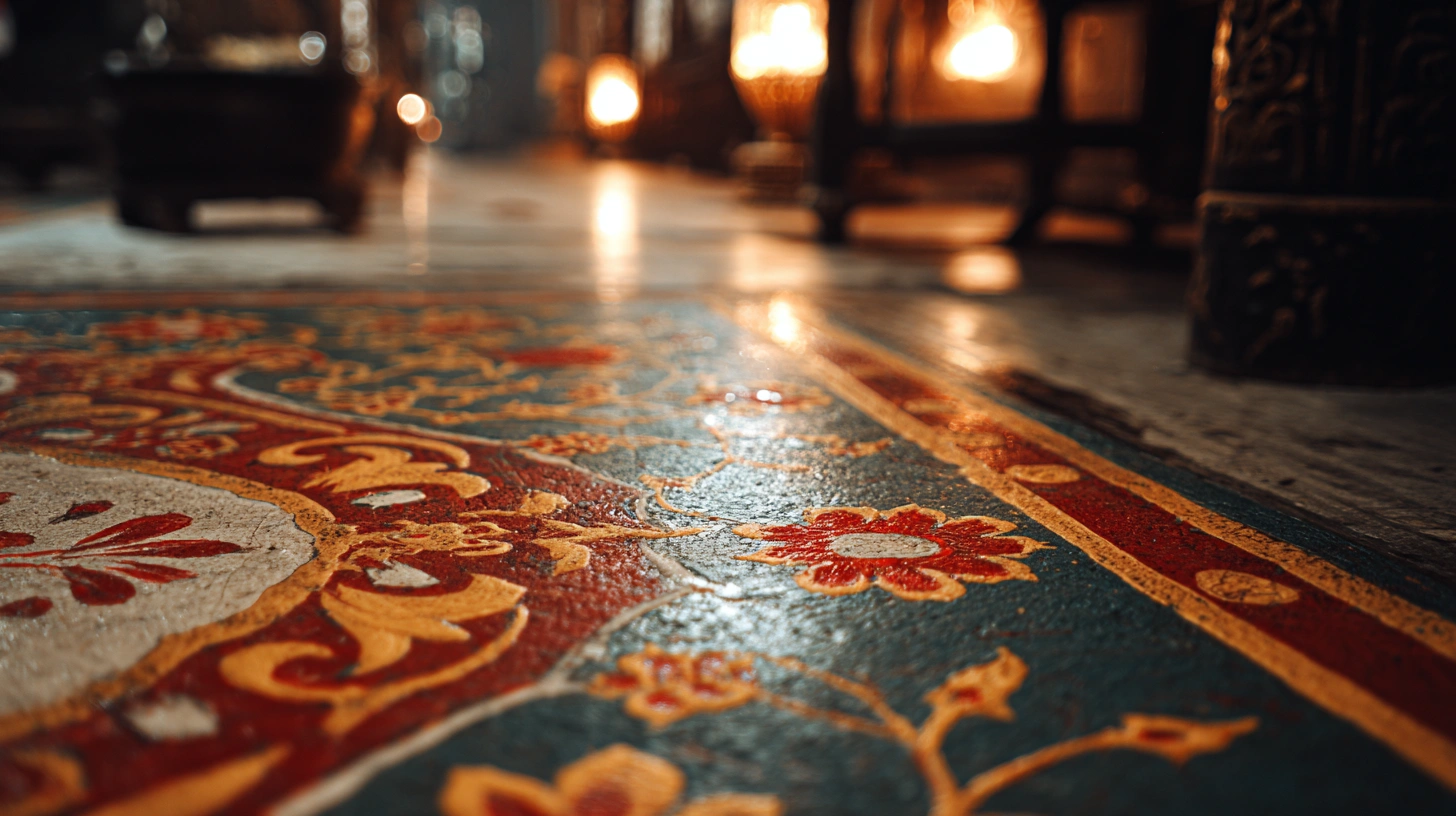 Intricate hand-painted floral motifs on a blue floor