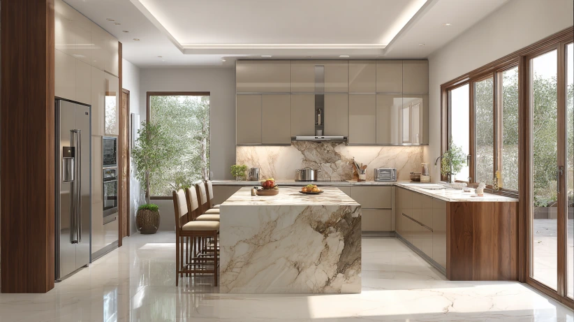 handle-less cabinetry featured in a sleek island kitchen design