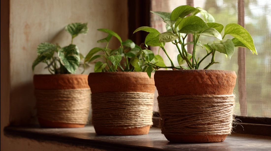 Jute rope wrapped clay pots near sunny window sill