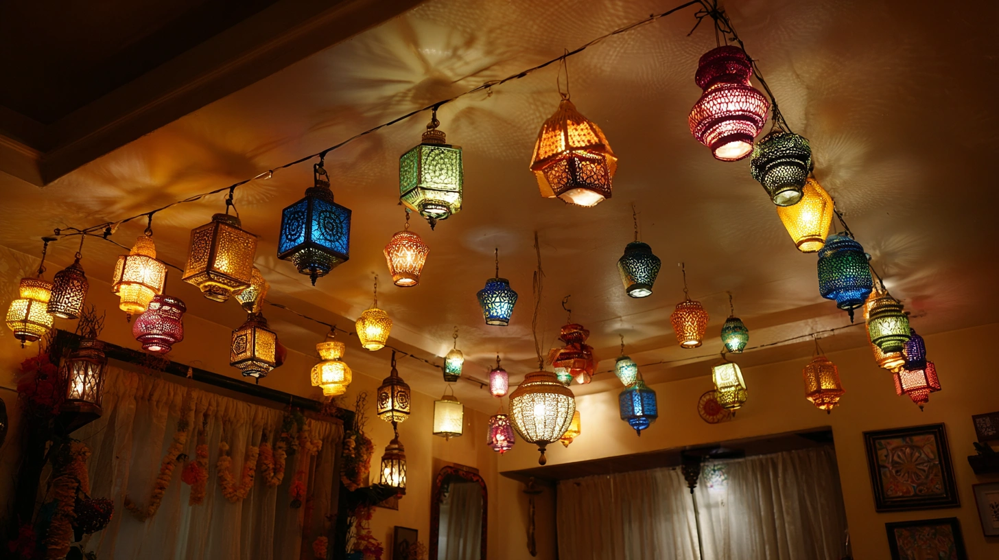 Vibrant colorful lanterns suspended from a white POP ceiling