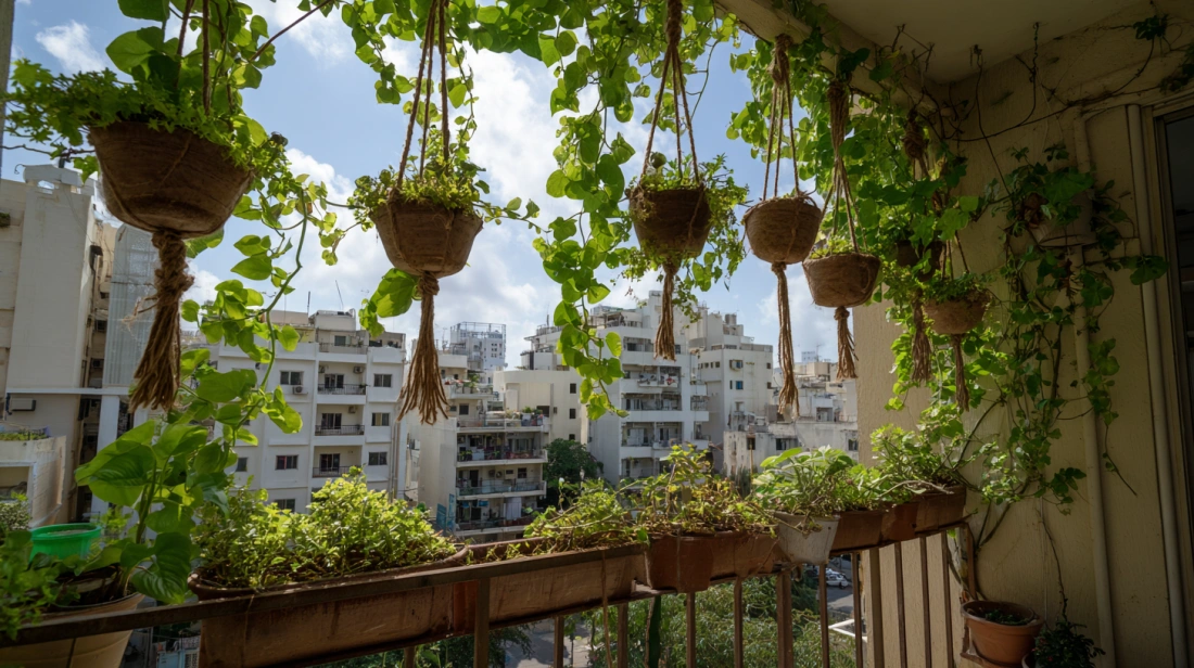 Clay and plastic pots hanging from balcony ceiling