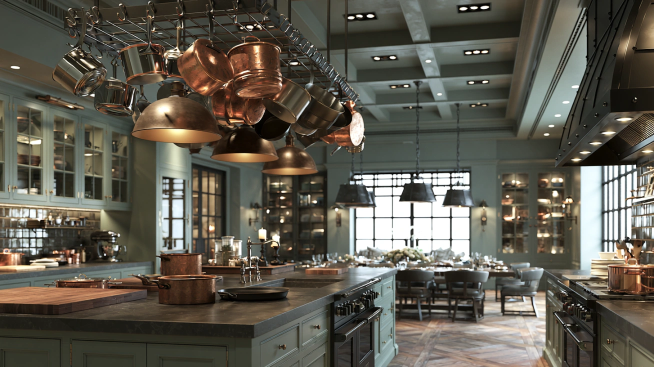 Ceiling-mounted hanging pot rack above kitchen island