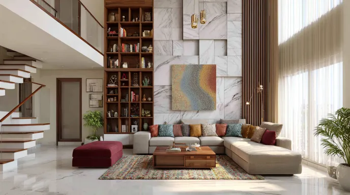double height living room with functional wall featuring storage and decor elements
