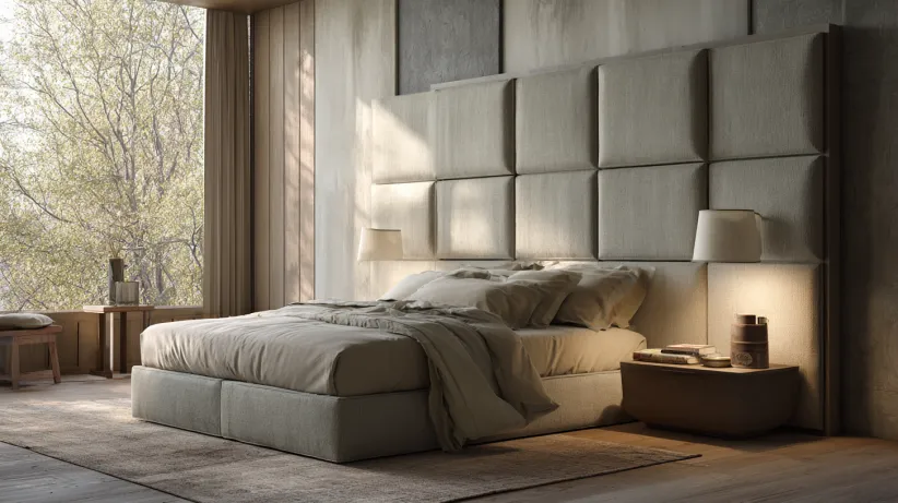 Cozy bedroom featuring plush upholstered wall panels
