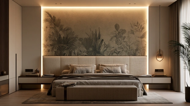 Headboard with wallpaper panel