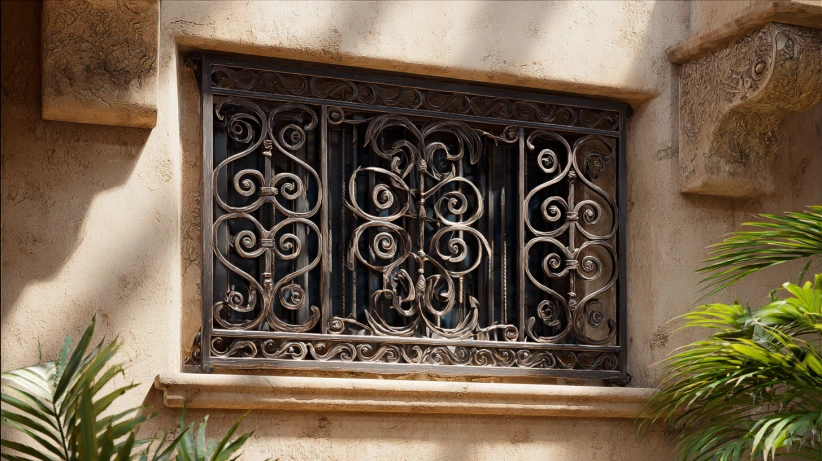 heavy ornamental pattern featured in an iron window grill design