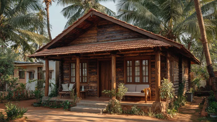 Heritage log cabin village single-floor home front design
