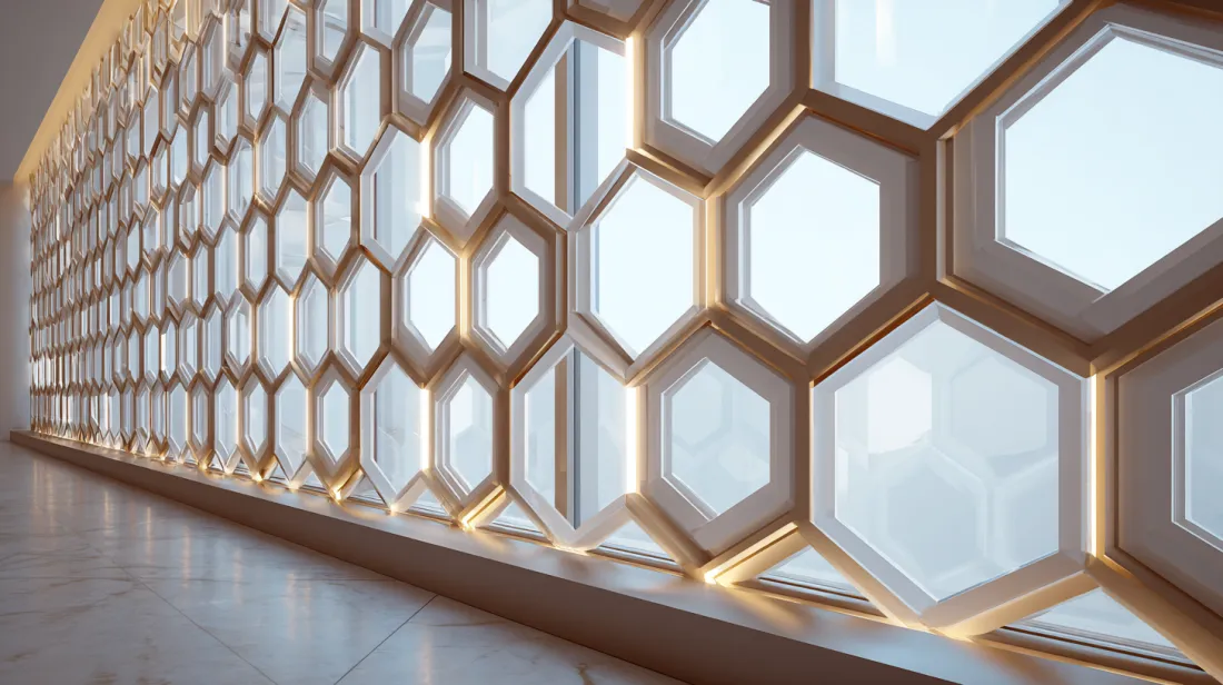 Large white hexagonal honeycomb CNC wall panel with golden backlighting