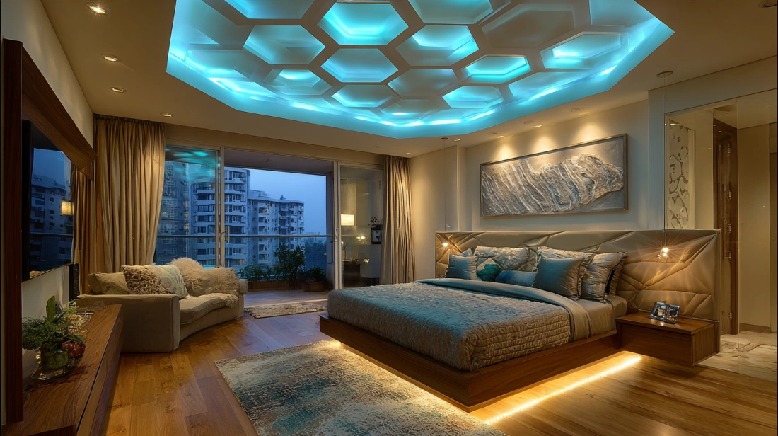 Hexagonal PVC ceiling cutouts with cove lighting in room