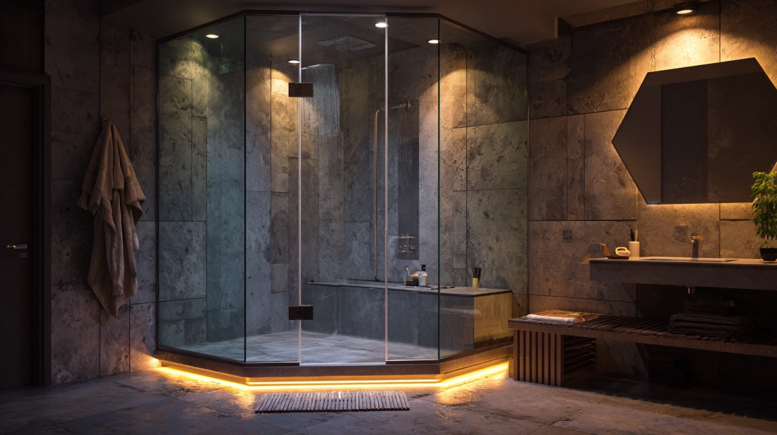 Geometric hexagonal-patterned glass panel in a luxury bathroom