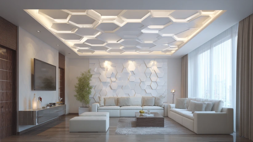 hexagonal pop pattern in a simple main hall fall ceiling design