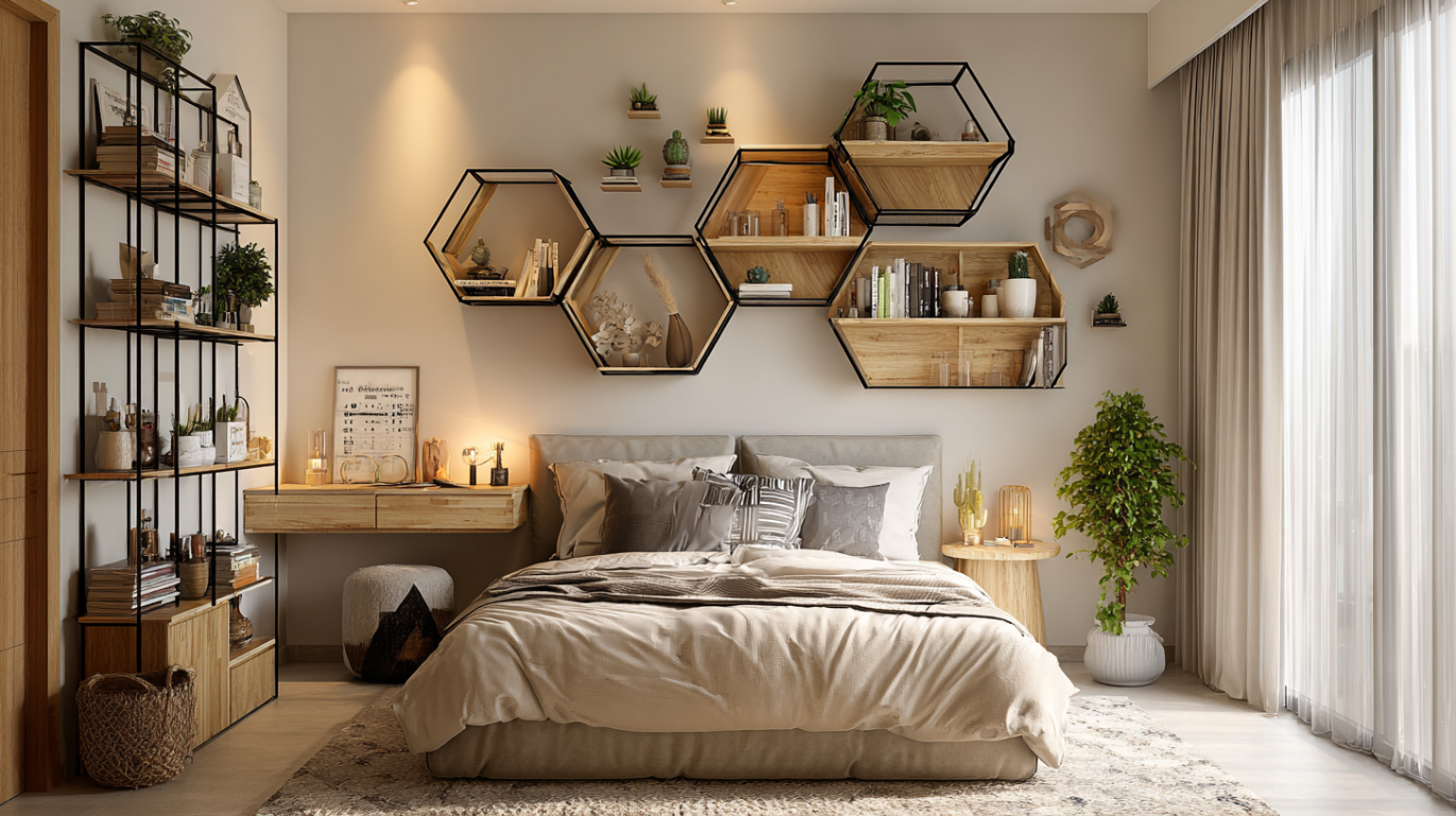 Hexagonal geometric wall shelves for bedroom