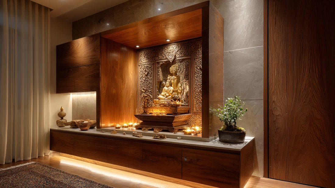 Plywood mandir with hidden storage space