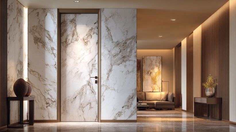 high-gloss marble laminate finish featured in modern flush door designs