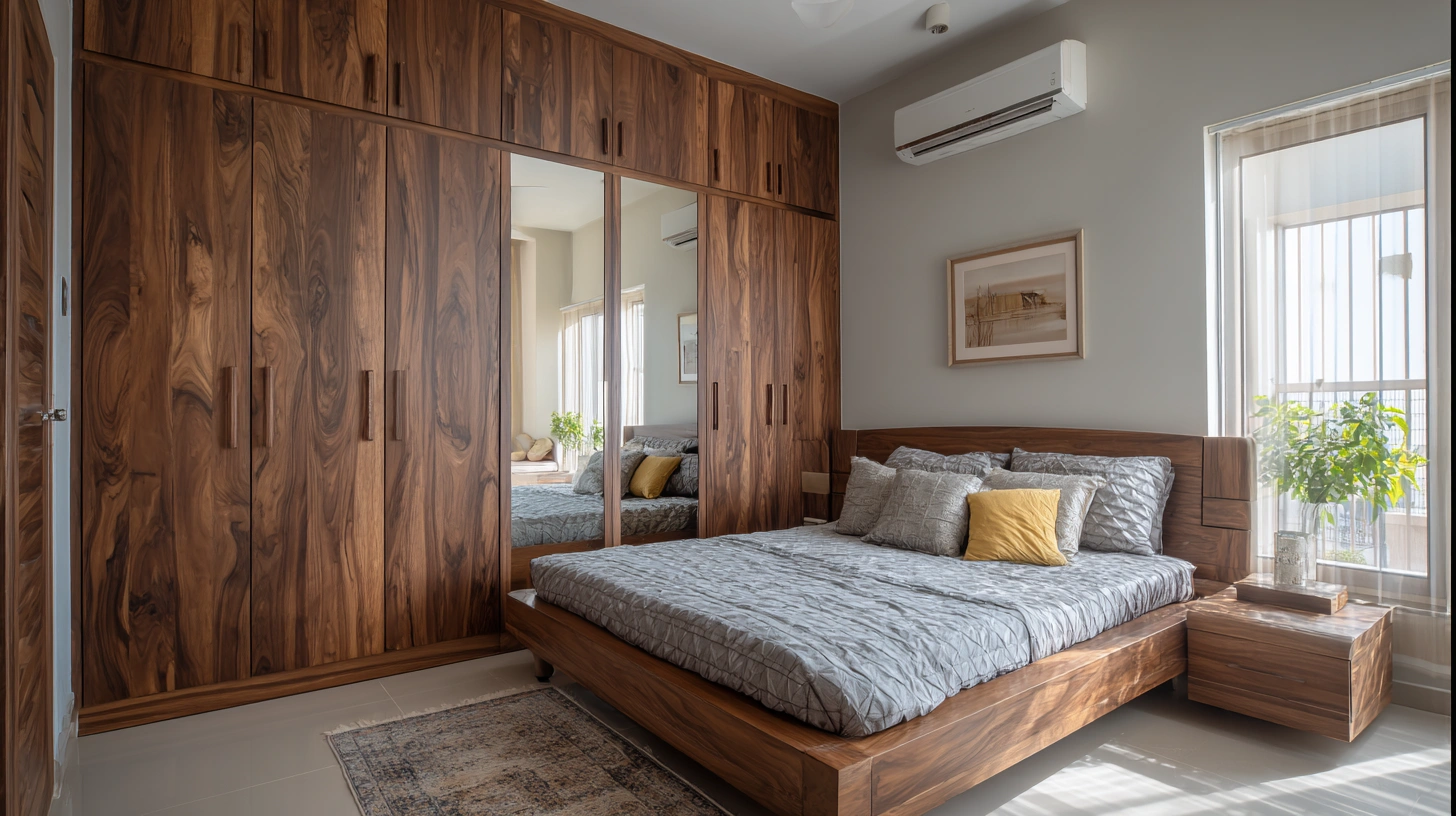 Classic wooden hinged wardrobe with central mirror panel