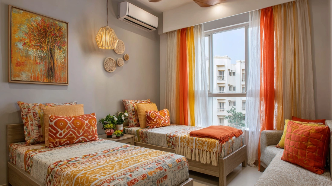 Twin beds in small festive guest bedroom