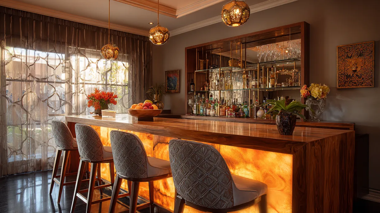 hollywood glam home bar with velvet, marble, and metallic accents