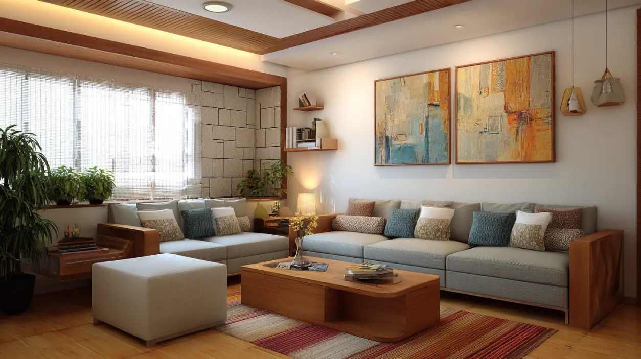 Spacious living room with wooden ceiling and grey sofa