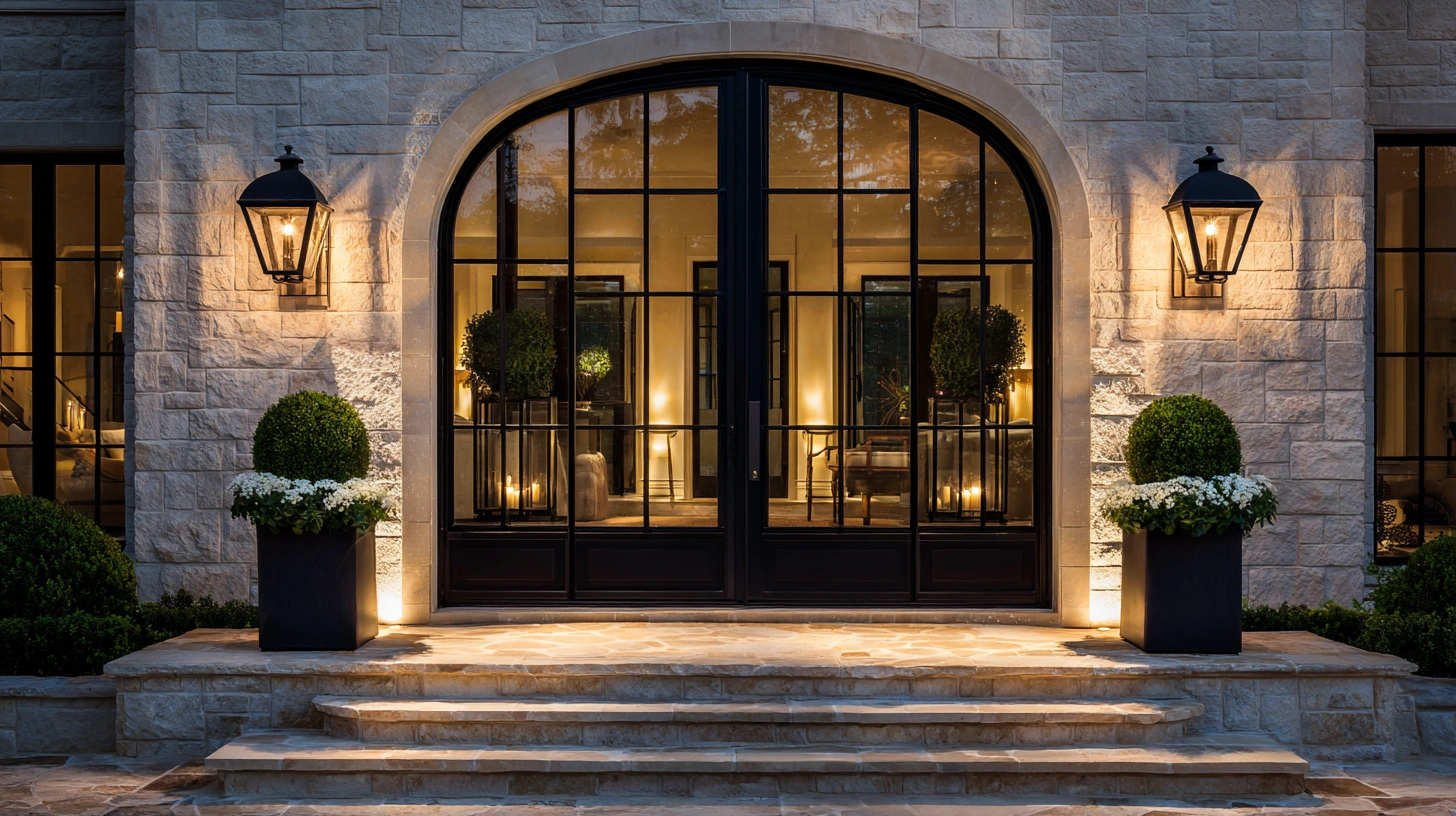 Wide arched glass entry door set in a light stone facade