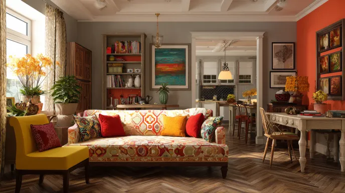 Eclectic interior design home office with bold art