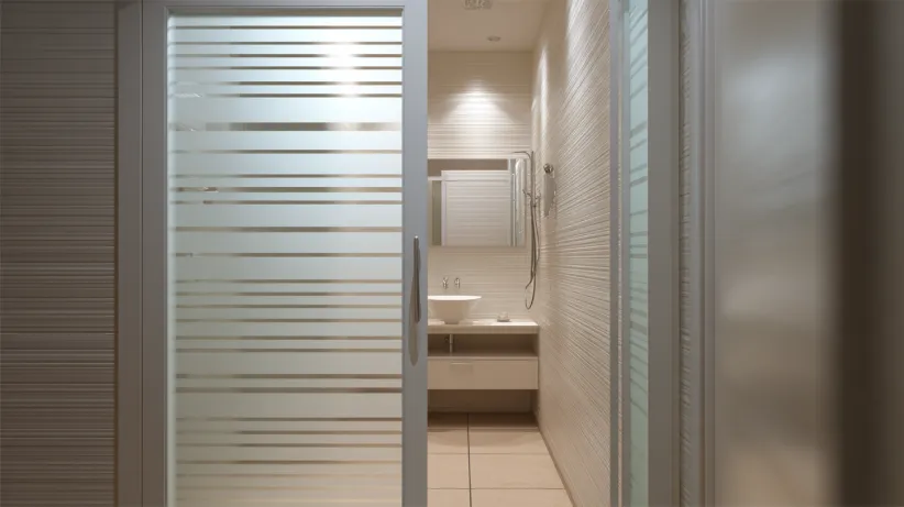Modern PVC bathroom door featuring horizontal frosted stripes