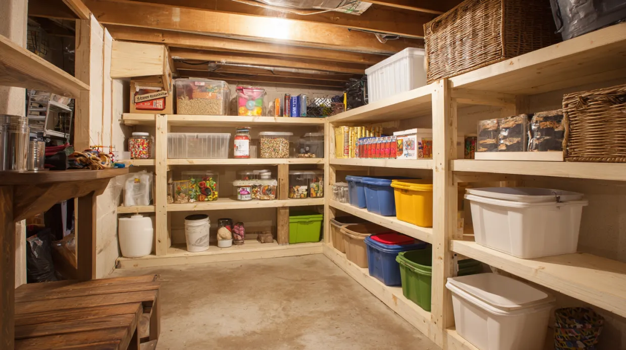 basement storage with shelves and bins for smart store room design
