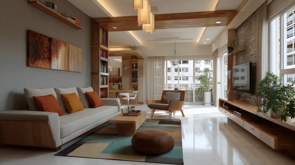 Spacious living room with white sofa and wooden beams.