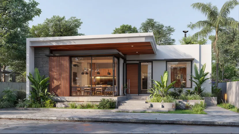 Modern small house design with large glass dining area.