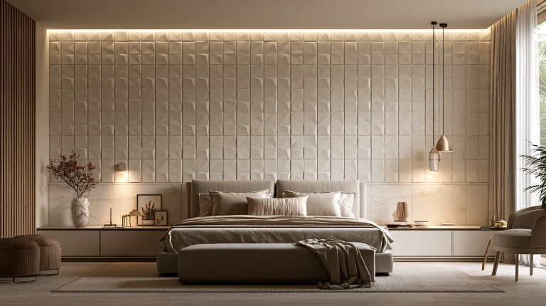Modern bedroom with stylish 3D wall tiles