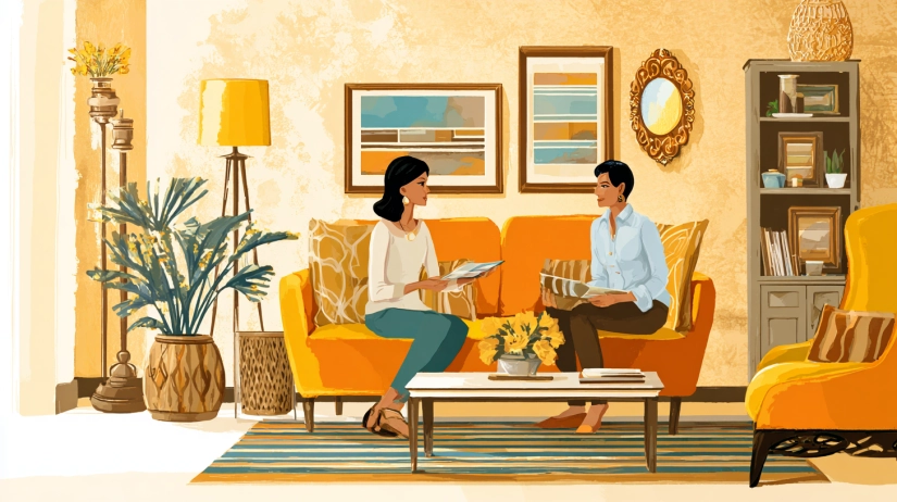 Two women discussing Indian interior design choices