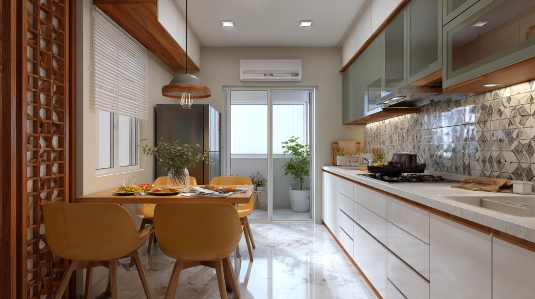 Small kitchen with dining table near cooking zone